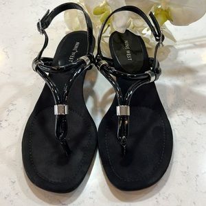 Nine West PRECIOUS  black silver embellished sling back wedge sandals, size 9